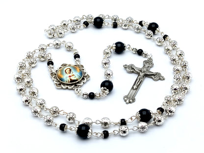 Maria Rosa Mystica unique rosary beads with small silver and onyx gemstone beads, pewter crucifix and silver picture centre medal.