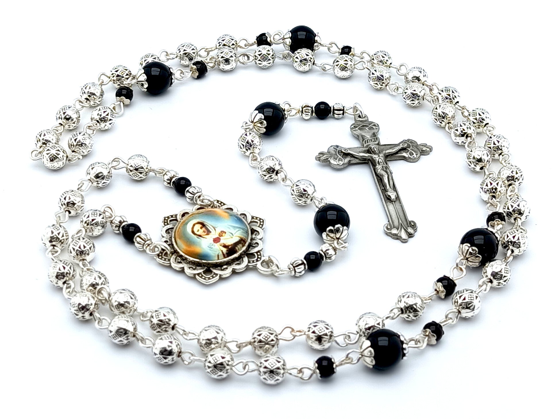 Maria Rosa Mystica unique rosary beads with small silver and onyx gemstone beads, pewter crucifix and silver picture centre medal.