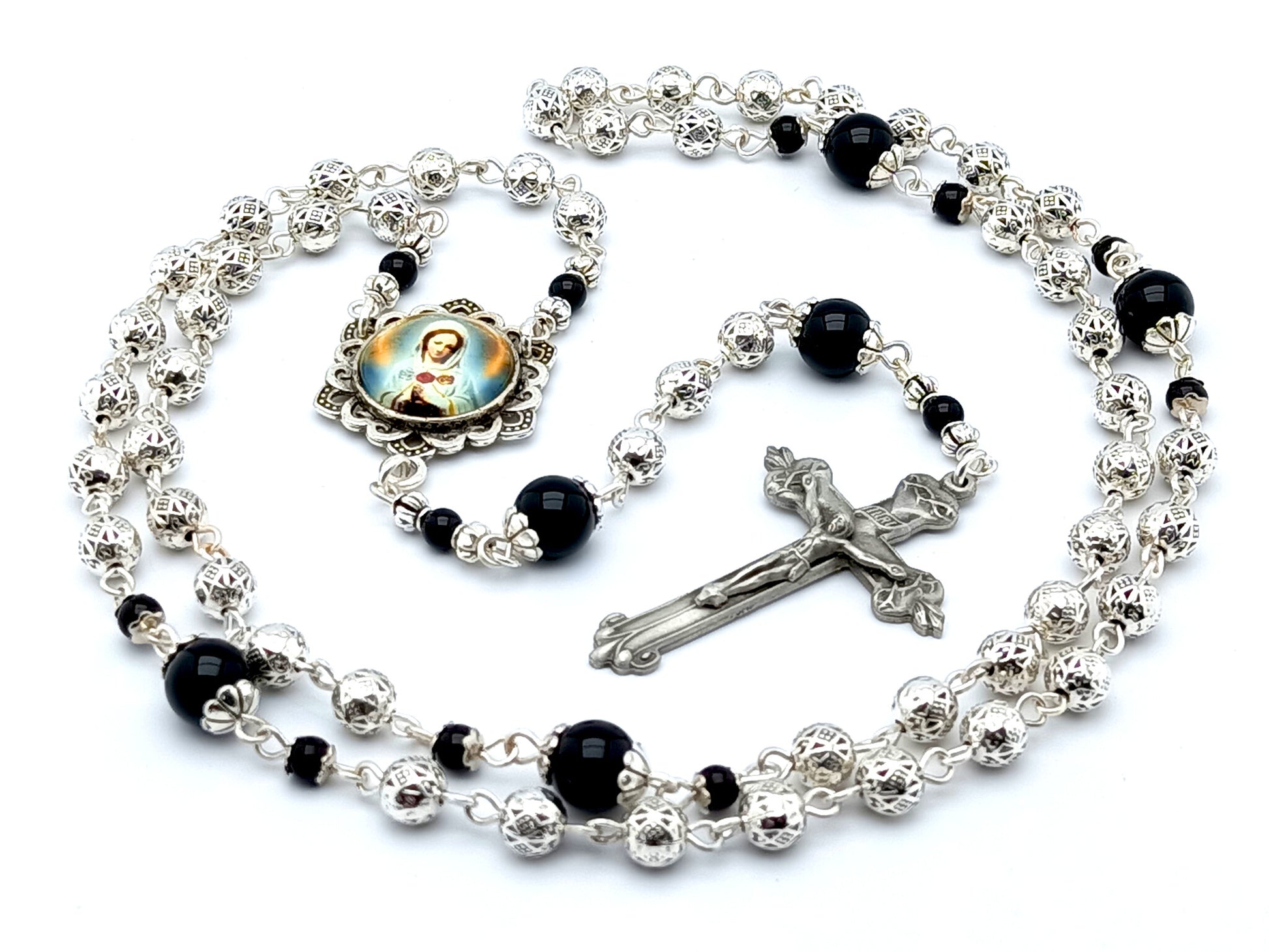 Maria Rosa Mystica unique rosary beads with small silver and onyx gemstone beads, pewter crucifix and silver picture centre medal.