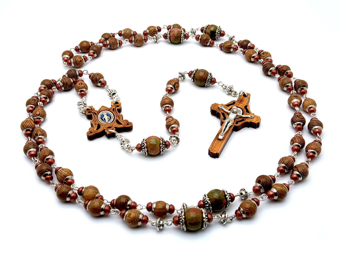 Miraculous Medal unique rosary beads with dark wood and gemstone beads, olive wood Sint Benedict crucifix and olive wood centre medal.