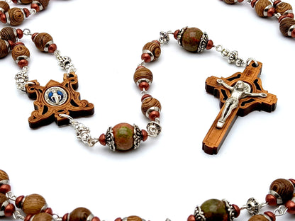 Miraculous Medal unique rosary beads with dark wood and gemstone beads, olive wood Sint Benedict crucifix and olive wood centre medal.