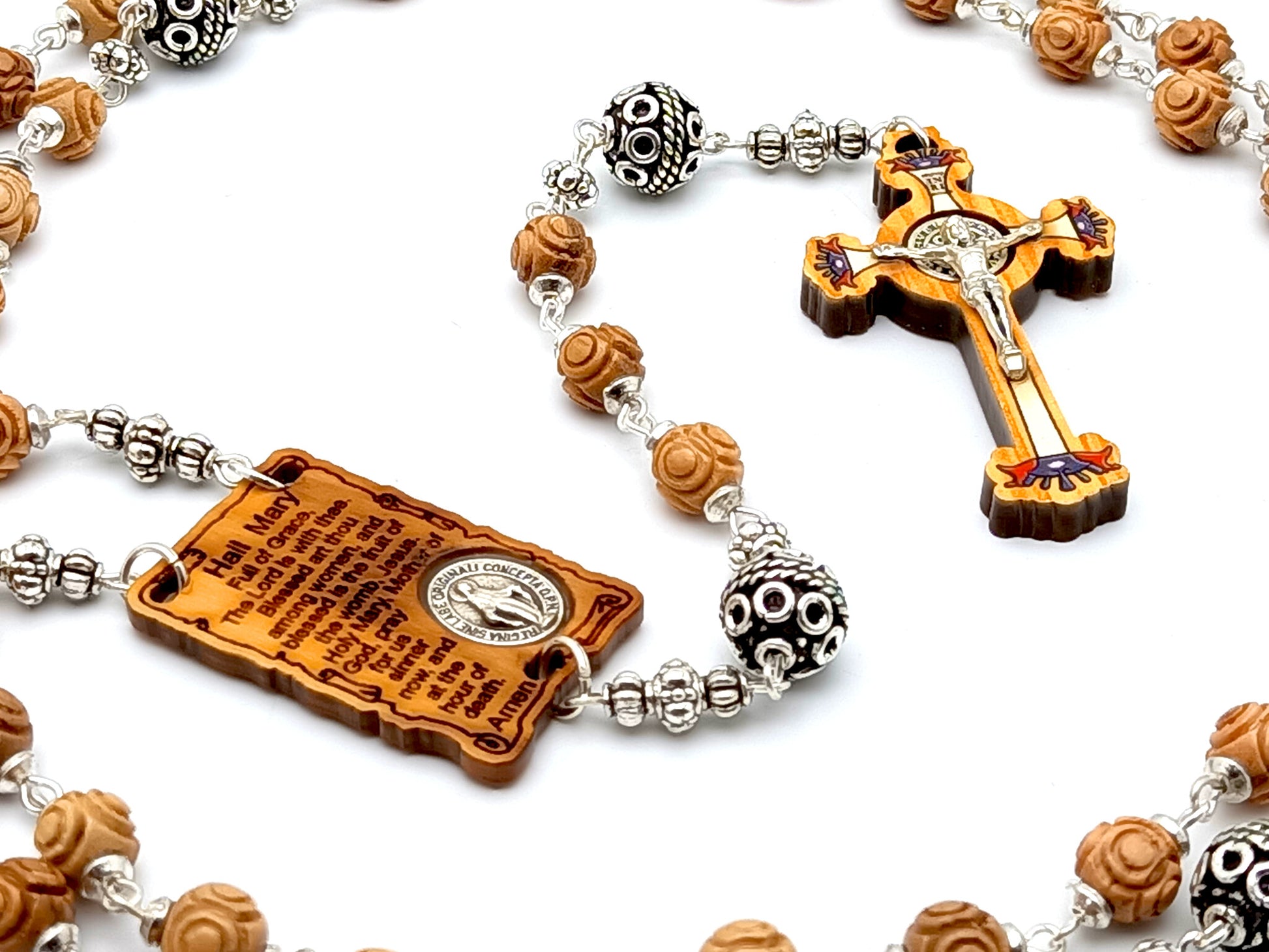 Miraculous Medal unique rosary beads with natural wood and silver beads, olive wood Saint Benedict crucifix and olive wood centre medal.