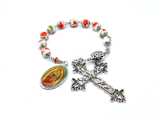 Our Lady of Guadalupe floral porcelain single decade rosary beads with floral cross, tenner Our Lady of Guadalupe porcelain rosary beads.