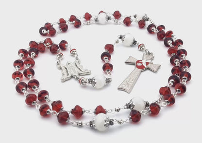 Holy Spirit unique rosary beads with red and white glass beads, silver Holy Spirit crucifix and miraculous medal centre.