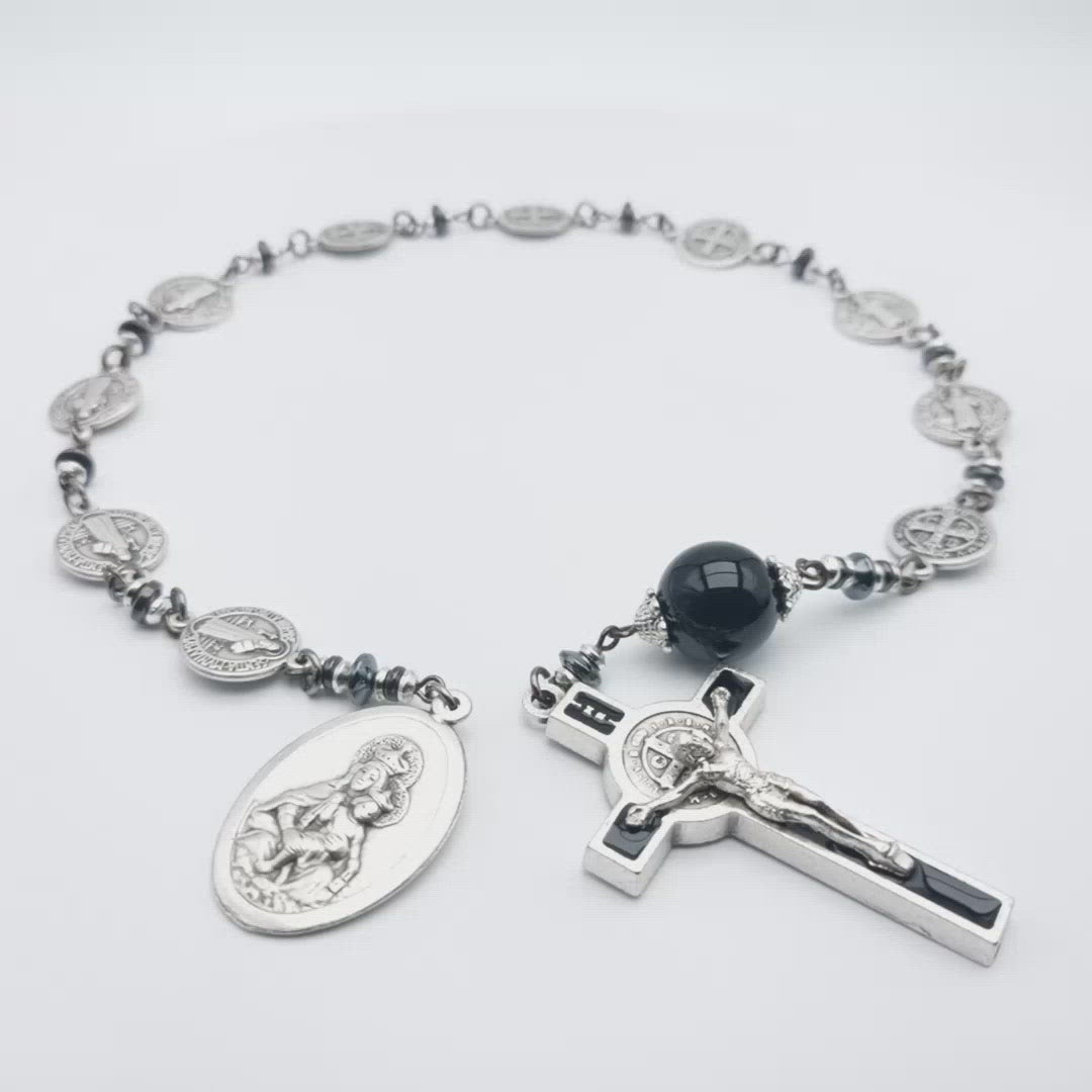 Saint Benedict unique rosary beads single decade or tenner rosary with silver Saint benedict medal beads, onyx pater bead, silver and black enamel crucifix and Our Lady of Mount Carmel medal.