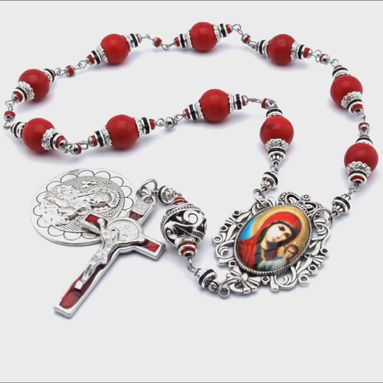 Our Lady of Perpetual Succor unique rosary beads with red gemstone beads, silver and red enamel crucifix and picture centre medal.