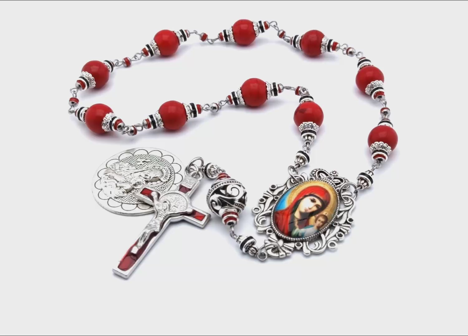 Our Lady of Perpetual Succor unique rosary beads with red gemstone beads, silver and red enamel crucifix and picture centre medal.
