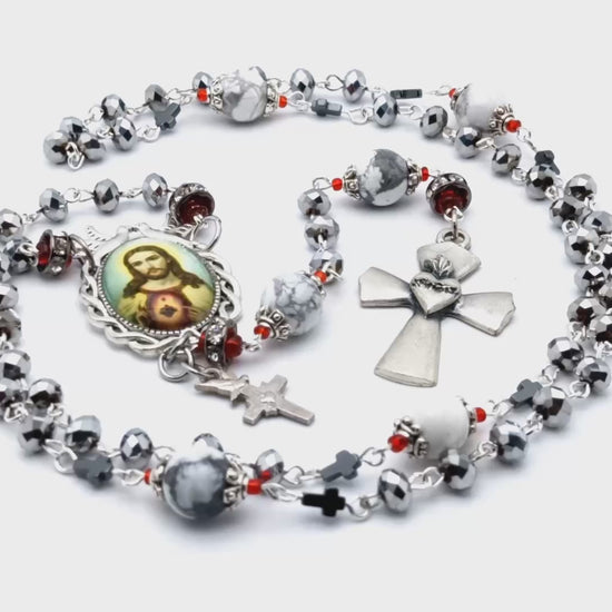 Sacred Heart of Jesus unique rosary beads with faceted silver glass and gemstone beads, silver heart crucifix, picture centre medal and red diamonte accessories.