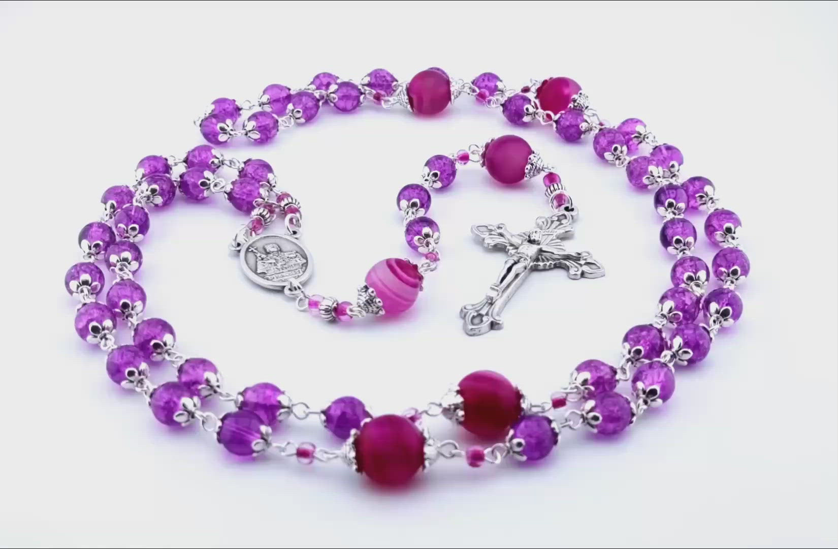 Saint Agatha unique rosary beads with pink glass and gemstone beads, silver crucifix and centre medal.