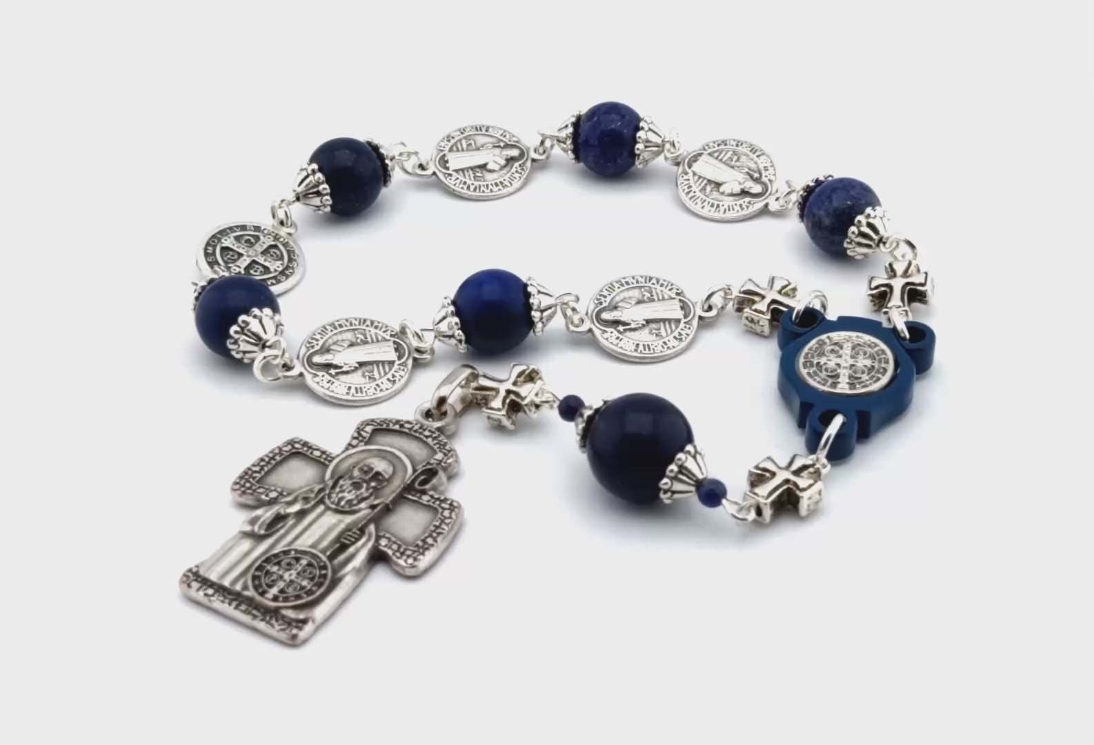 Saint Benedict unique rosary beads single decade rosary with lapis lazuli and silver Benedict medal beads and centre with Saint Benedict cross.