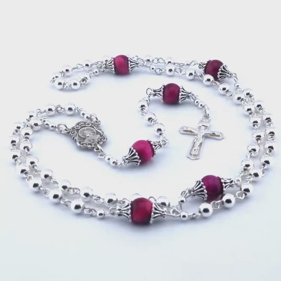 Sacred Heart of Jesus unique rosary beads with 925 sterling silver beads, crucifix and centre medal, pink tigers eye pater beads.