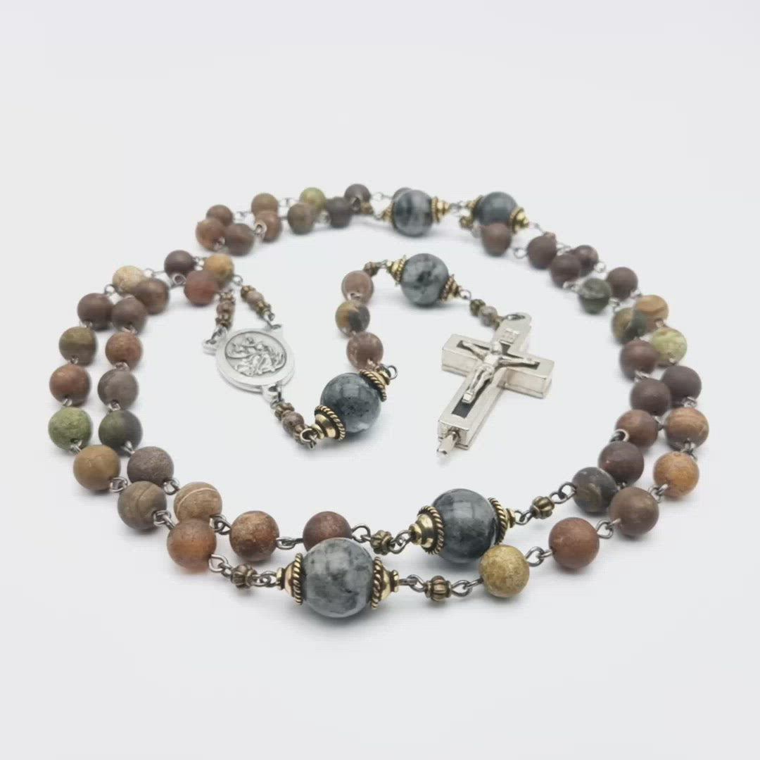 God the Father unique rosary beads with natural stone gemstone beads, ROMA reliquary crucifix, and silver centre medal.