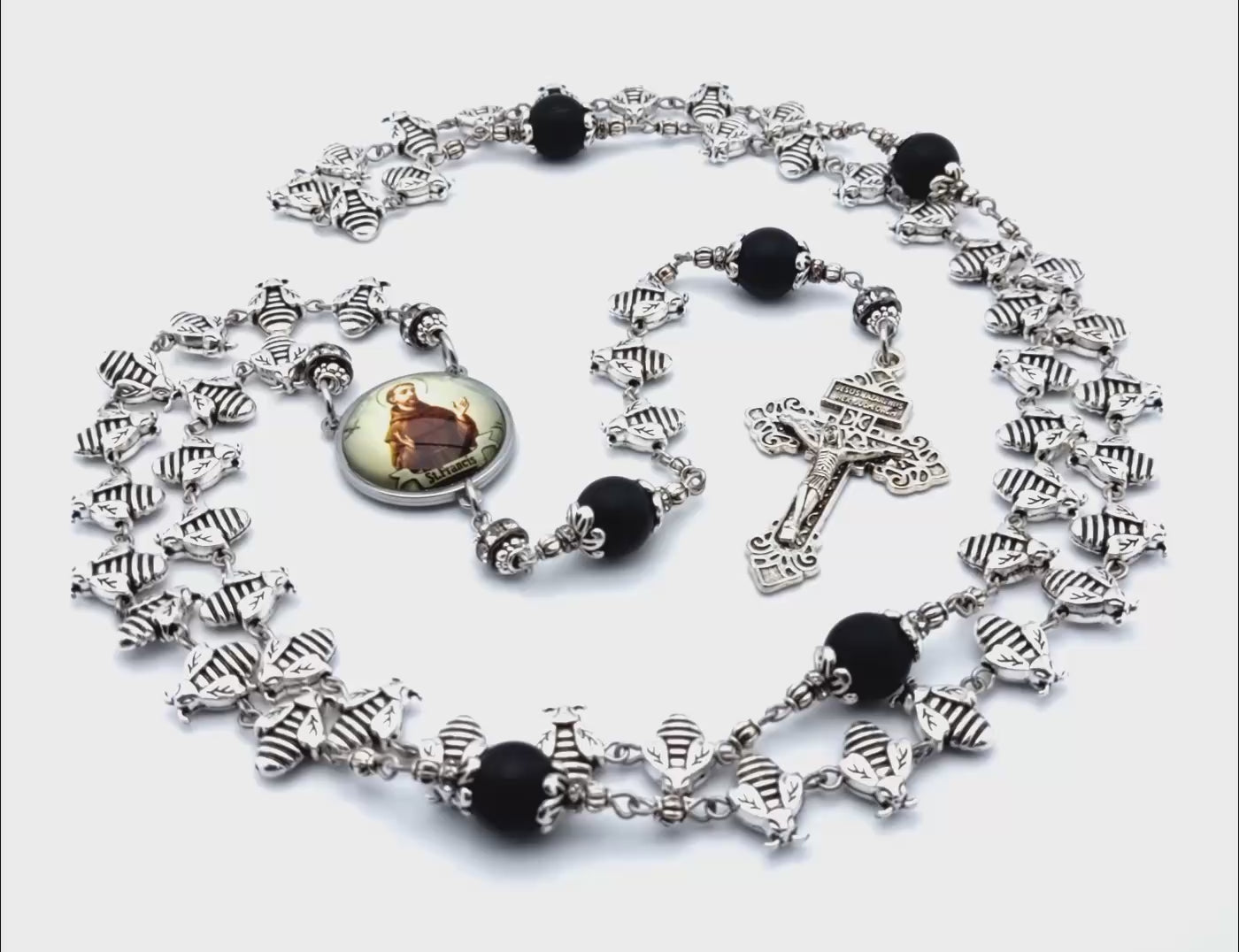 Saint Francis of Assisi unique rosary beads with silver bees and matt onyx beads, silver pardon crucifix and picture centre medal.