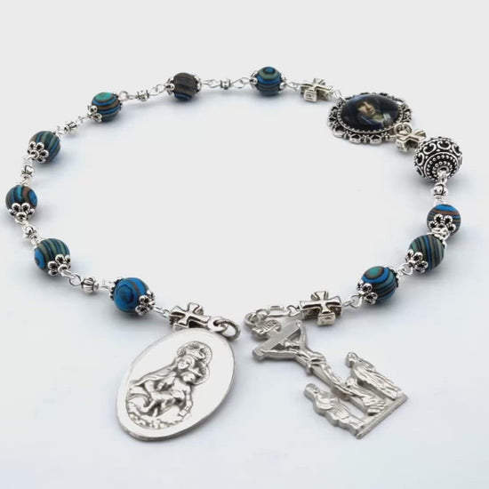 Our Lady of Sorrows unique rosary beads servite dolor rosary prayer chaplet with malachite gemstone beads, silver crucifix, Our Lady of Mount Carmel medal and small picture medal.