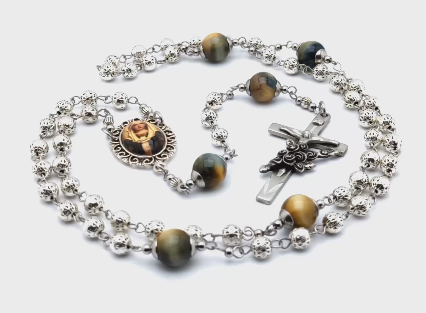 Our Lady of the Rosary unique rosary beads with stainless steel and silver beads, floral etched crucifix and picture centre medal.