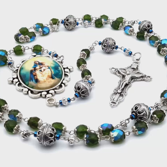 Our Lady of Mount Carmel unique rosary beads with blue green faceted glass and silver beads, filigree crucifix and large picture centre medal.
