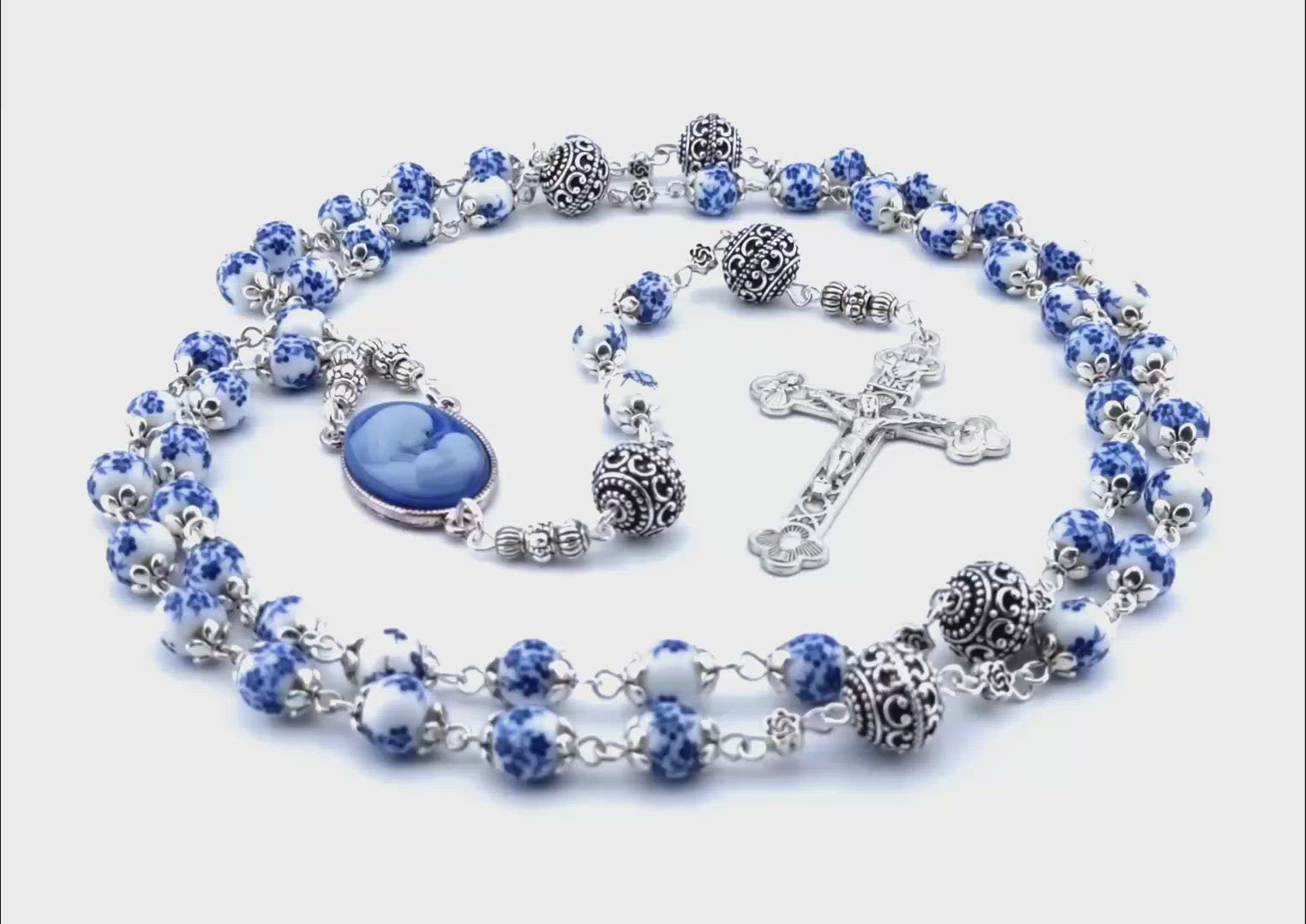 Virgin Mary and Child unique rosary beads with blue floral porcelain beads, silver pater beads, crucifix and cameo centre medal.