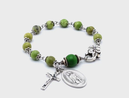 Saint Peregrine unique rosary beads single decade rosary bracelet with green jasper gemstone beads and silver flower lobster clasp.