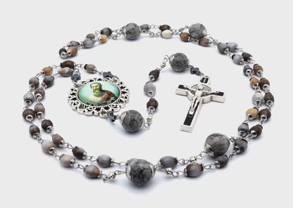 Saint Paul unique rosary beads with Jobs tears and gemstone beads, black and silver enamal Saint Benedict crucifix and large picture centre medal.