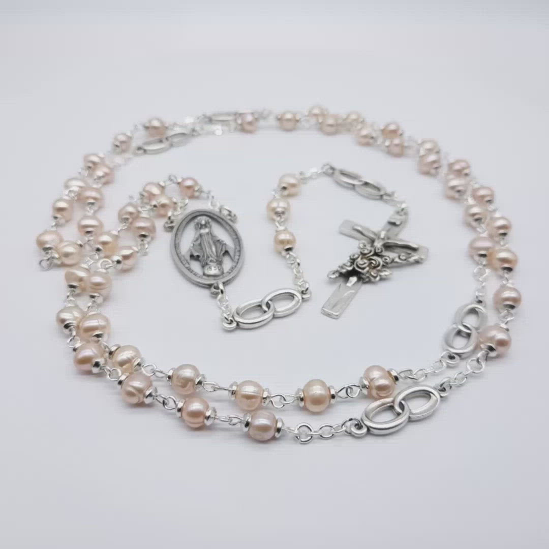 Mother of pearl unique rosary beads wedding rosary with miraculous medal, ring links pater beads and silver crucifix.
