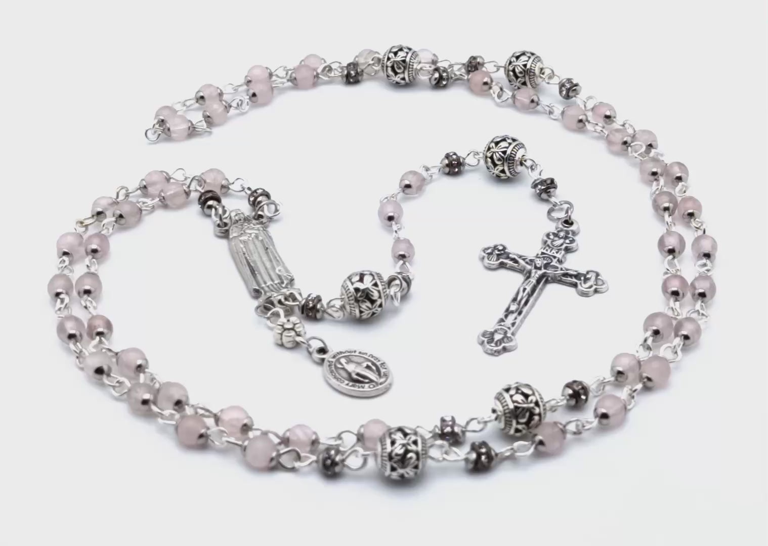 Saint Therese unique rosary beads with miniature pink opal gemstone beads, silver crucifix and centre medal.