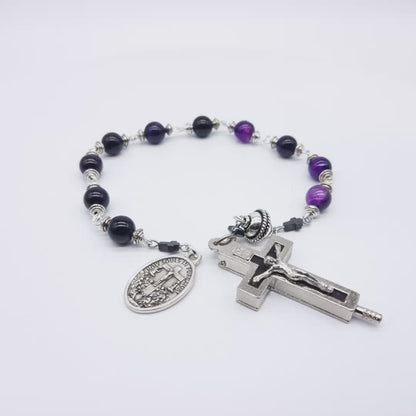 Holy Souls unique rosary beads single decade with purple agate gemstone beads, relic holder crucifix, silver pater bead and medal.