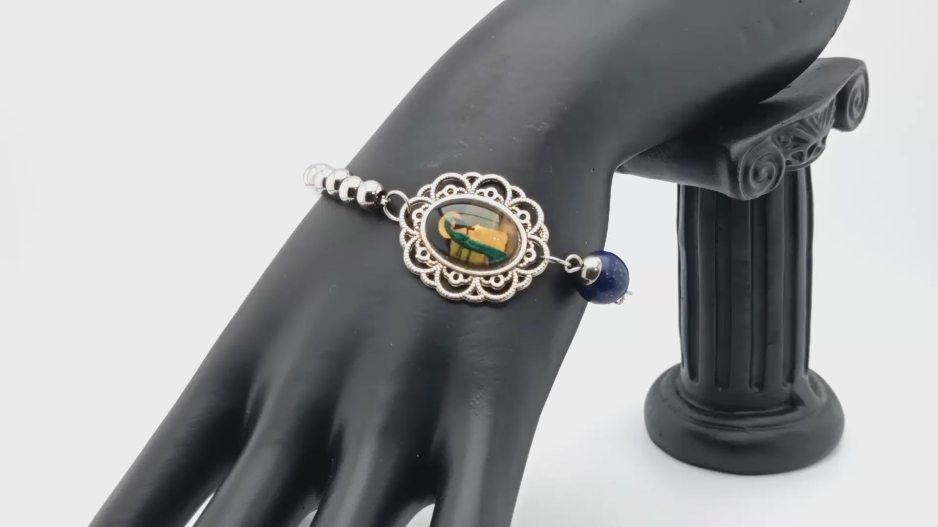 The Virgin Mary unique rosary beads single decade rosary bracelet with stainless steel and lapis lazuli beads and large picture medal. centre.