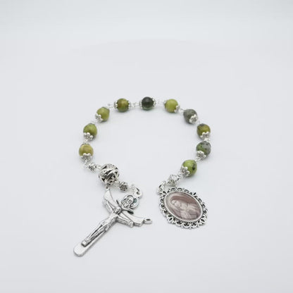 Saint Therese of Lisieux unique rosary beads single decade or tenner rosary with green gemstone beads, silver bead caps, pater bead, Trinity crucifix and picture end medal.