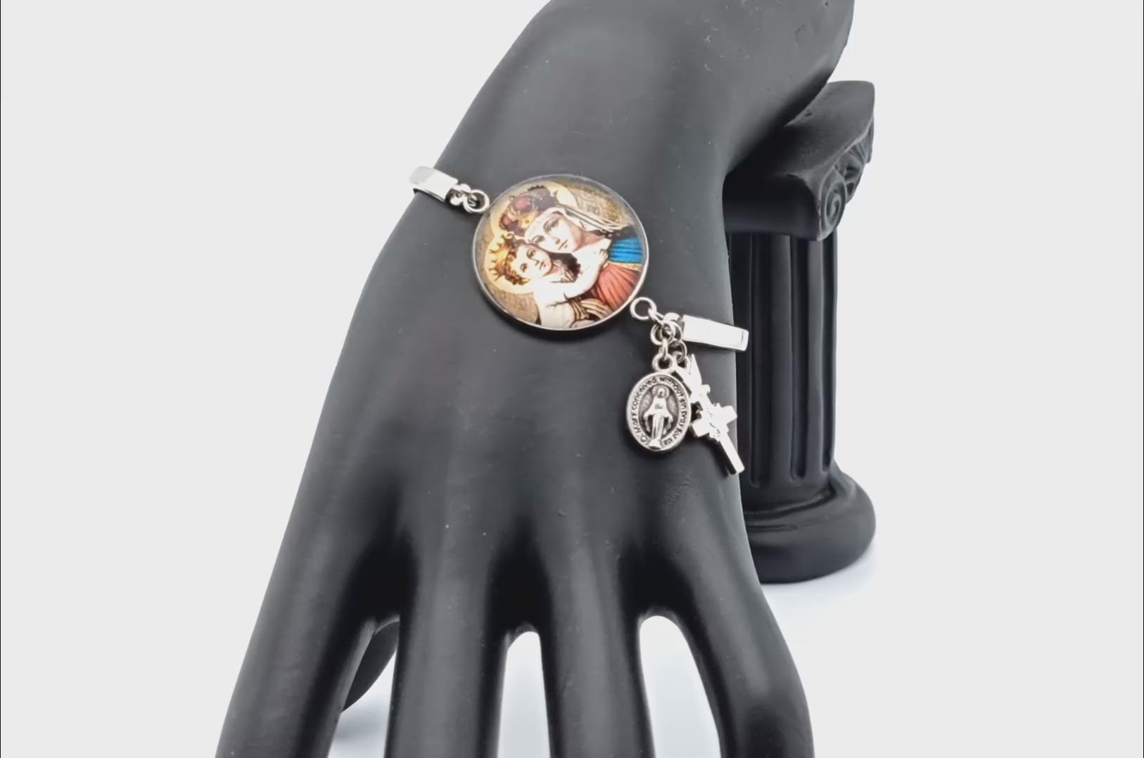 Our Lady Helper of Christians unique rosary beads bracelet with stainless steel bangle, clasp and picture medal.