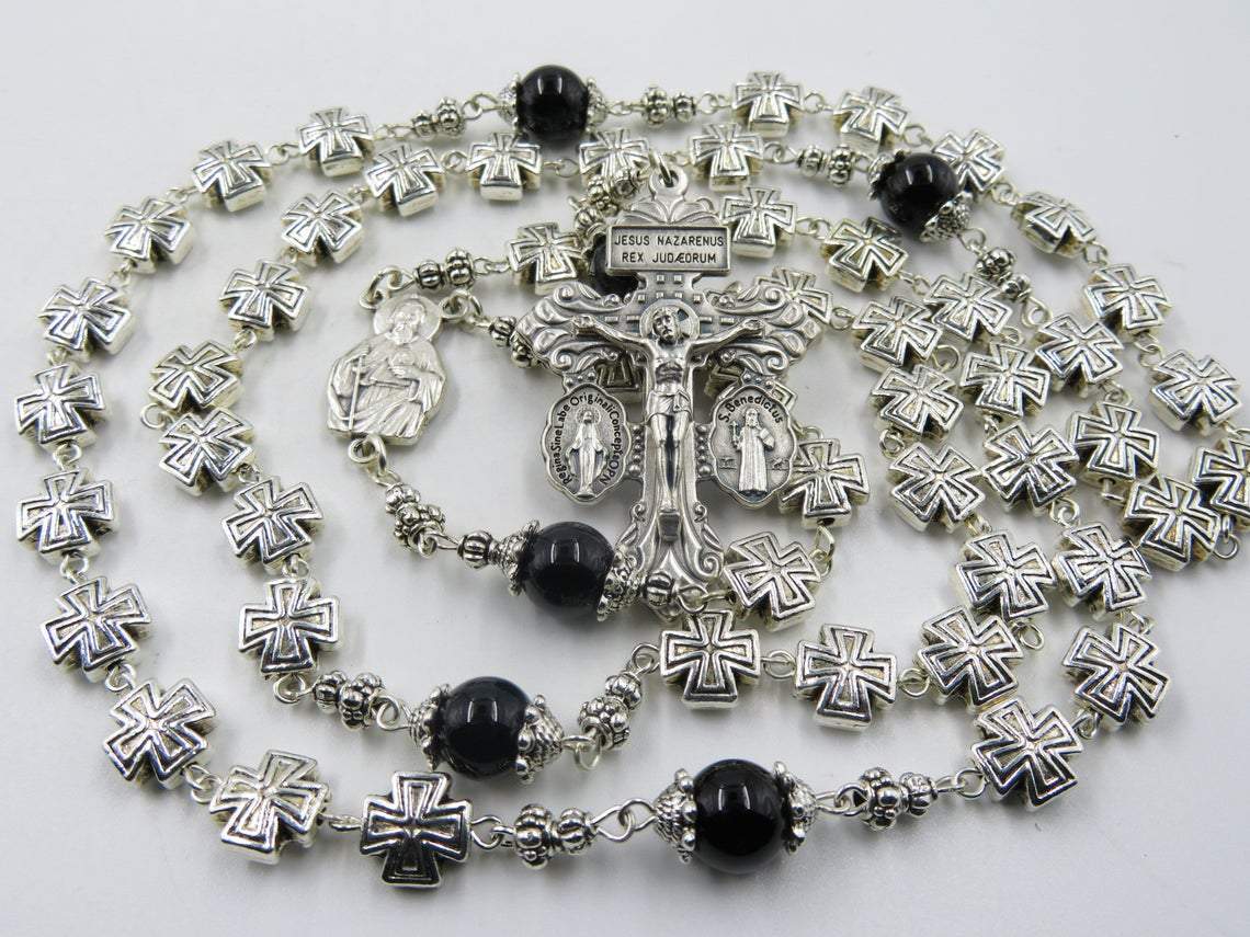 St Jude Tibetan silver Rosary beads, Cross bead Rosaries, Sacramental Rosary beads,  Heirloom Rosary gift, Onyx Gemstone prayer beads.