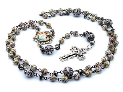 Our Lady of Good success twisted glass rosary beads with filigree crucifix