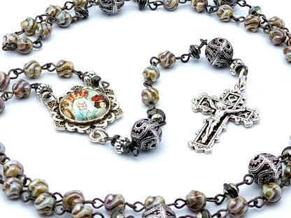 Our Lady of Good success twisted glass rosary beads with filigree crucifix