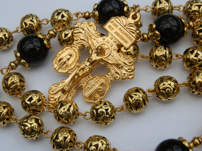 Stunning Large Heirloom Our Lady of Perpetual Help Rosary beads, Onyx Rosaries gems, Gold plated Bali Rosary beads,  Wedding Rosary gift.