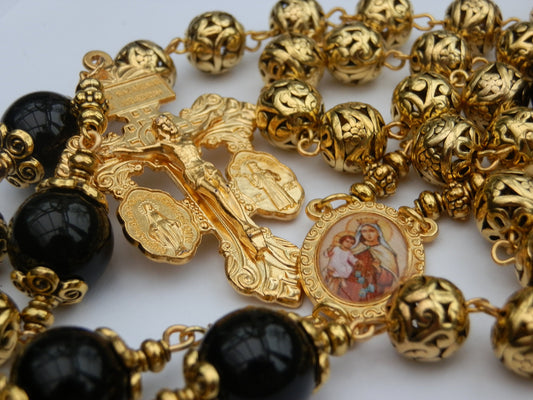 Stunning Large Heirloom Our Lady of Perpetual Help Rosary beads, Onyx Rosaries gems, Gold plated Bali Rosary beads,  Wedding Rosary gift.