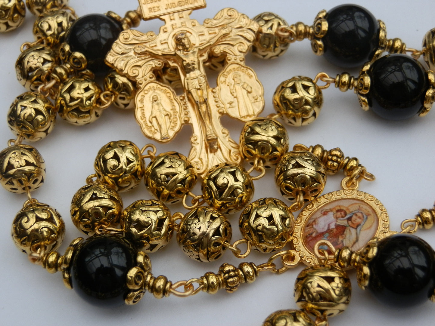 Stunning Large Heirloom Our Lady of Perpetual Help Rosary beads, Onyx Rosaries gems, Gold plated Bali Rosary beads,  Wedding Rosary gift.