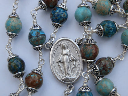 Unbreakable wire wrapped Rosary Beads, Miraculous Medal Rosary beads, Relic Rosary beads, Gemstone prayer beads, Religious Wedding gift