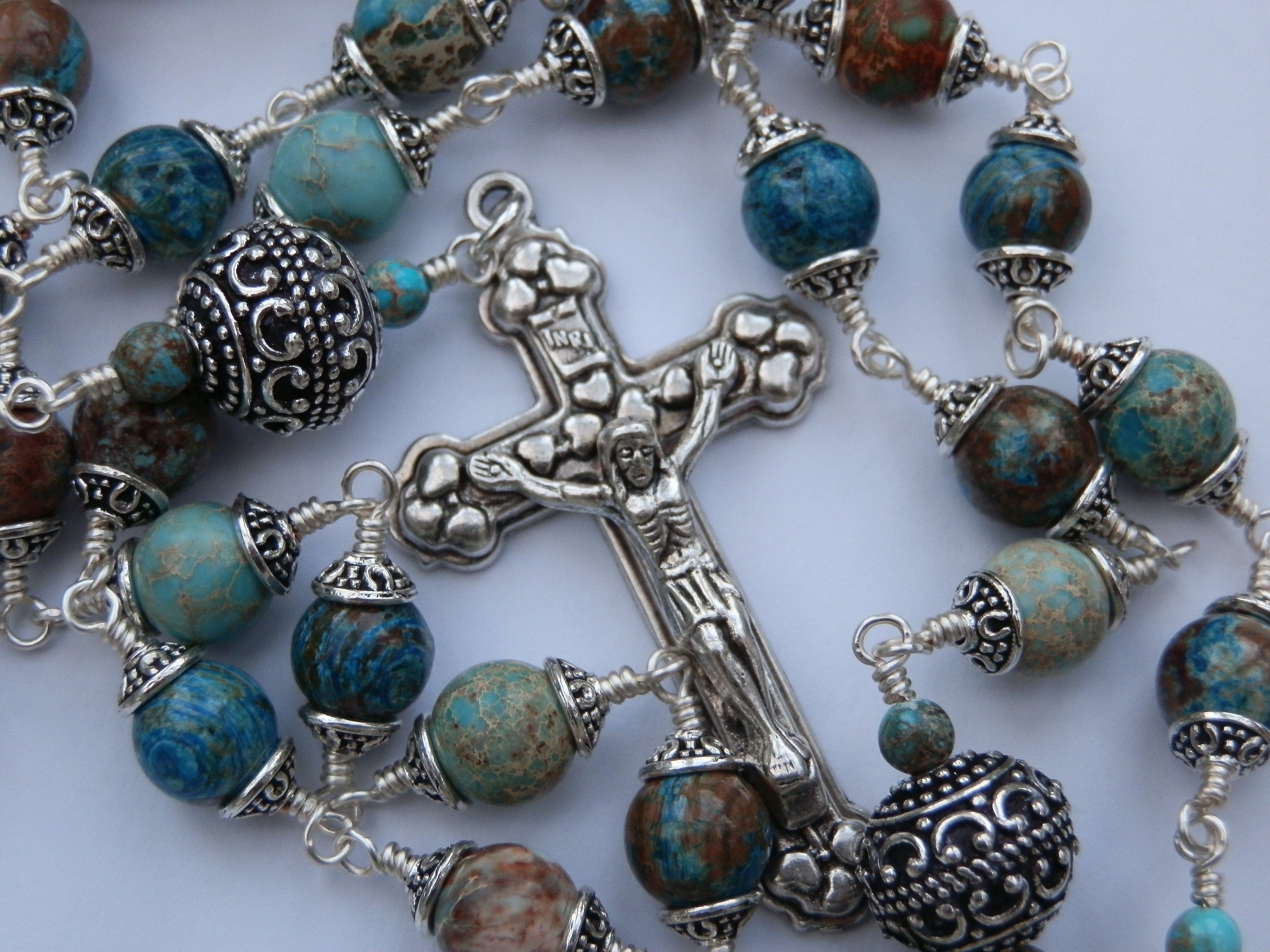 Rosary Bracelet, Turquoise, Red Jasper, Divine Mercy, Guadalupe, Stainless Steel, Five hotsell Decade, Memory Wire, Handcrafted, Wrapped Rosary