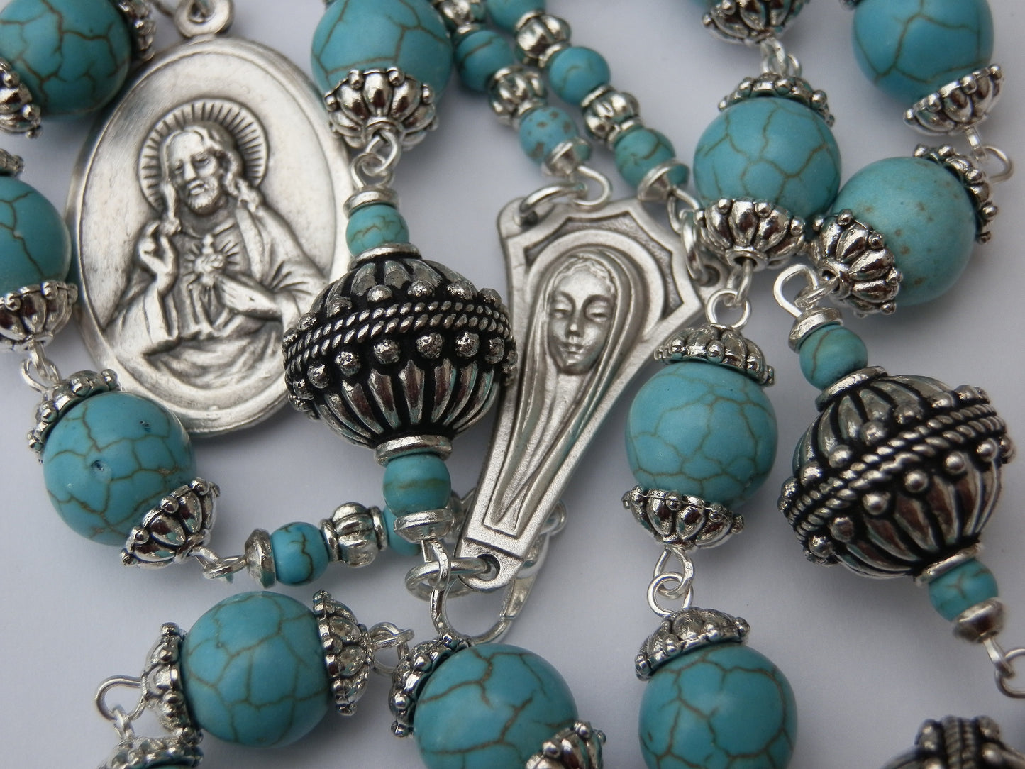 Handmade Turquoise Conversion prayer Chaplet, Sacred Heart medal, Three Hail Mary prayer beads, Spiritual beads, Religious prayer beads.