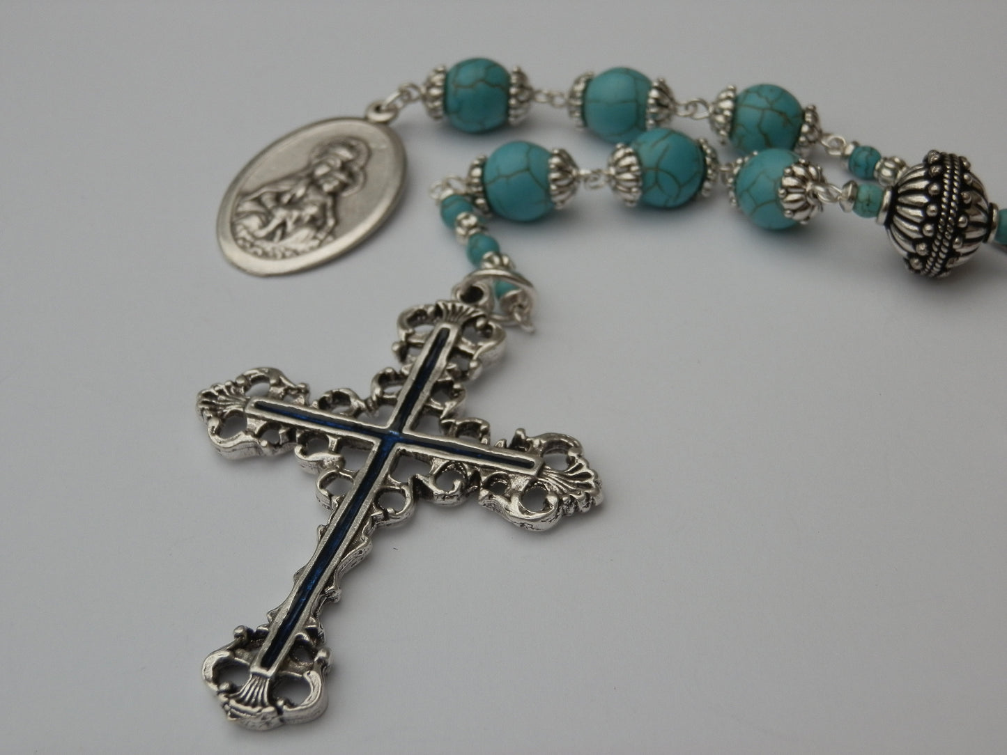 Handmade Turquoise Conversion prayer Chaplet, Sacred Heart medal, Three Hail Mary prayer beads, Spiritual beads, Religious prayer beads.