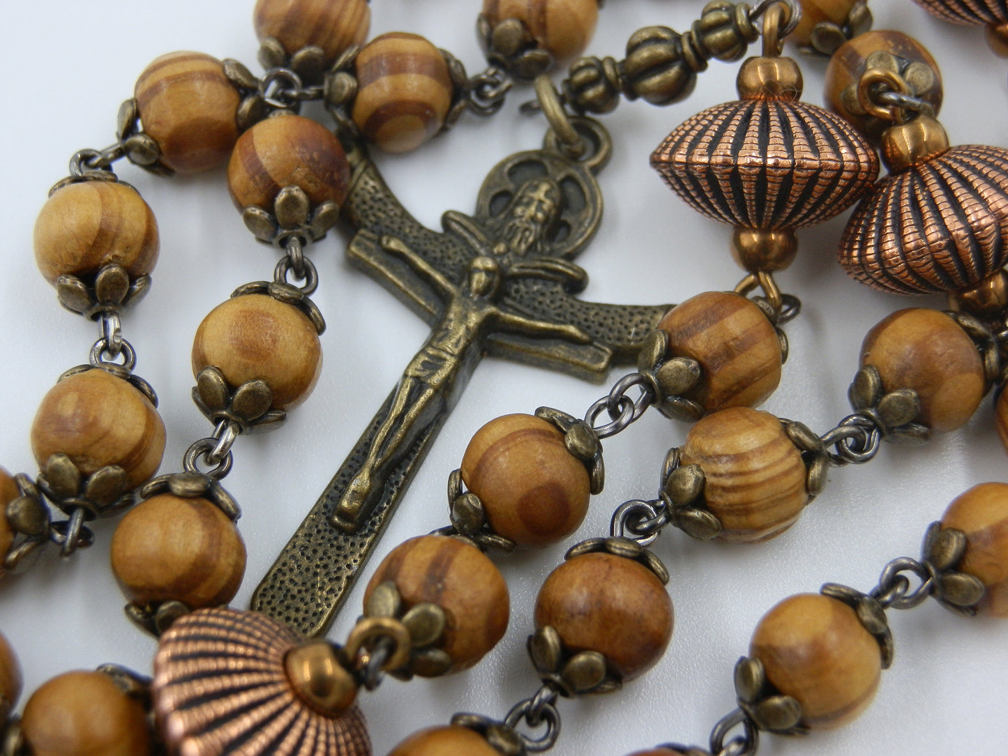 Vintage style wooden Holy Trinity Rosary beads, Crown of Thorns Rosary's, Holy Trinity Crucifix, Copper Our Father beads, Men's Rosay gift.