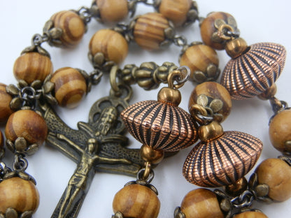Vintage style wooden Holy Trinity Rosary beads, Crown of Thorns Rosary's, Holy Trinity Crucifix, Copper Our Father beads, Men's Rosay gift.