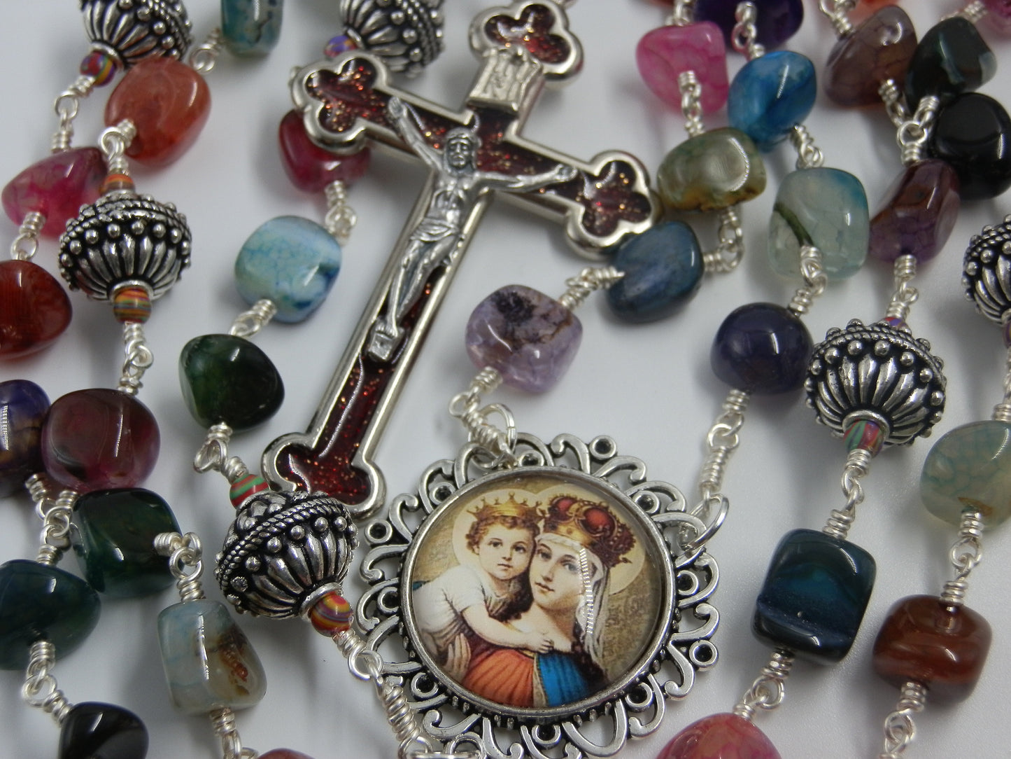 Our Lady Queen of Heaven heirloom gemstone unbreakable rosary beads handmade wire wrapped unique beads.