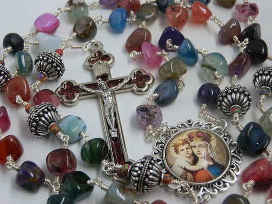 Our Lady Queen of Heaven heirloom gemstone unbreakable rosary beads handmade wire wrapped unique beads.