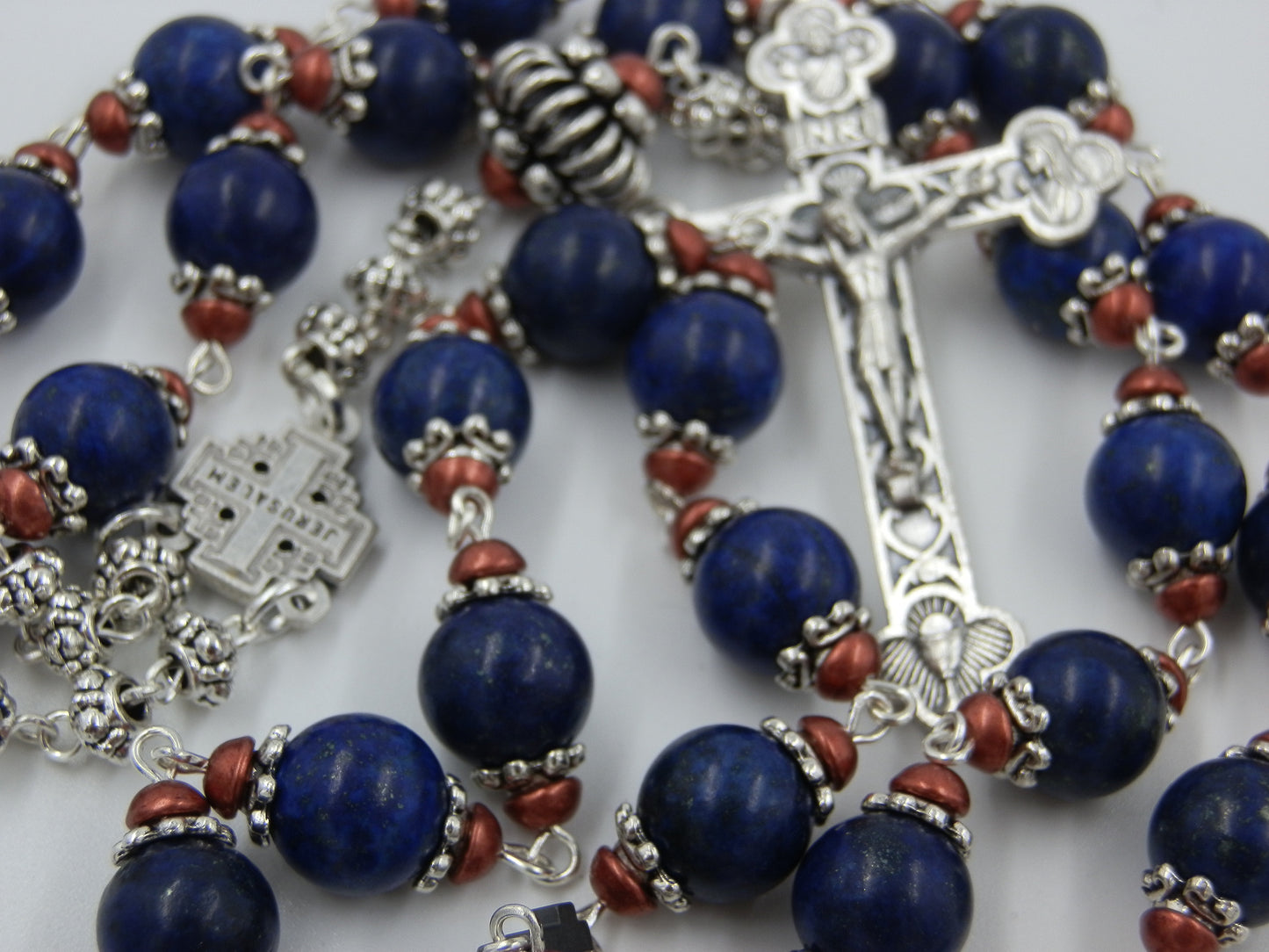 Gemstone Holy Trinity prayer Chaplet, Holy Trinity Crucifix,  Heirloom Lapis Lazuli prayer beads, Spiritual beads, Rosary bead Chaplet.