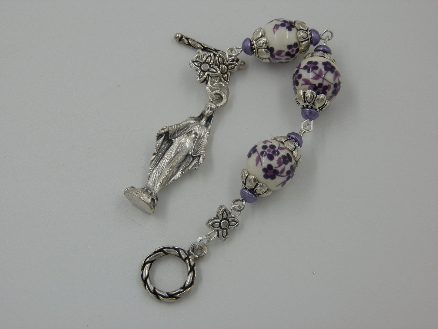 Immaculate Conception statue and beads, Three Hail Mary prayer beads, Porcelain prayer beads, Child's Rosary beads, Rosaries,