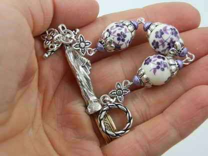 Immaculate Conception statue and beads, Three Hail Mary prayer beads, Porcelain prayer beads, Child's Rosary beads, Rosaries,