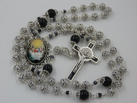 The Last Supper Rosary beads, Saint Benedict Rosaries, Tibetan silver Rosary beads,  Heirloom Rosary gift, Onyx Gemstone prayer beads.