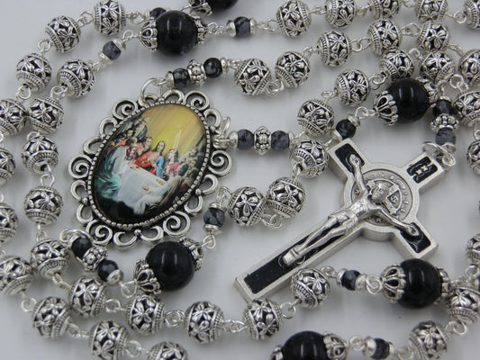 The Last Supper Rosary beads, Saint Benedict Rosaries, Tibetan silver Rosary beads,  Heirloom Rosary gift, Onyx Gemstone prayer beads.
