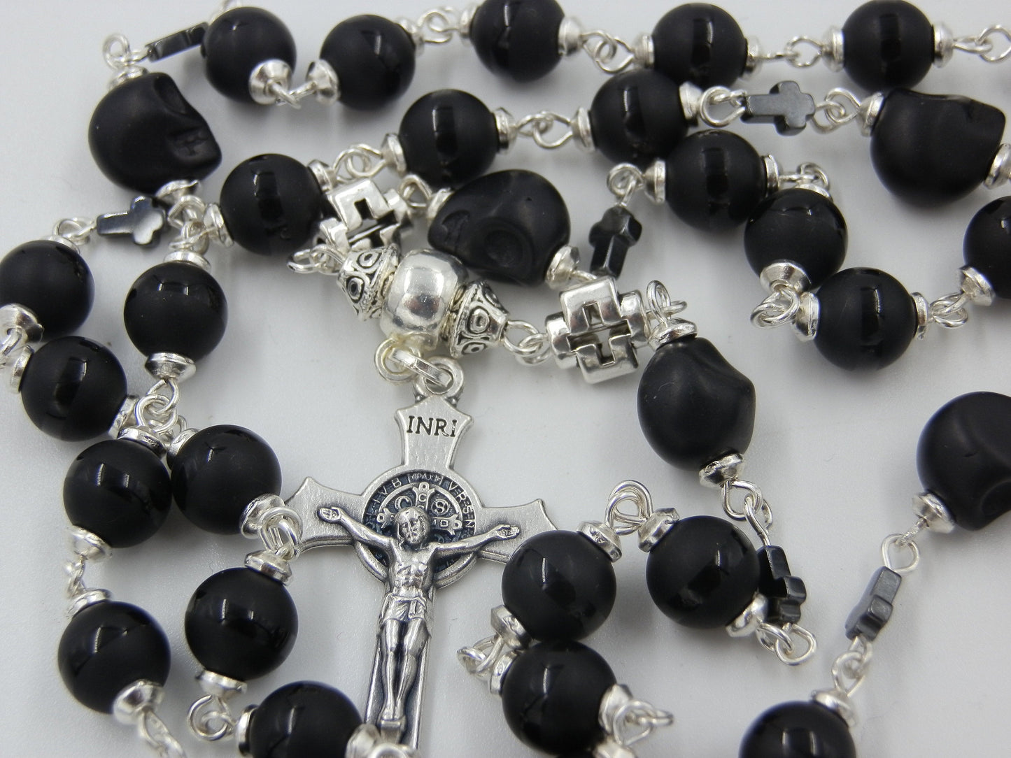 Onyx Chaplet for the Dead, Rosary Prayer Chaplet, St. Benedict Crucifix, Momento Mori beads, travel Rosaries, Wedding gift, Prayer Rosaries,