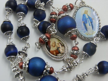 Unique handcrafted St. Ann gemstone prayer chaplet. St. Anne Beads, Sacred Heart medal, Immaculate Conception prayer beads and medal.